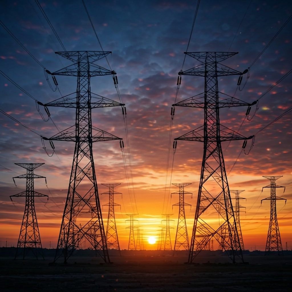 Transmission towers at sunset